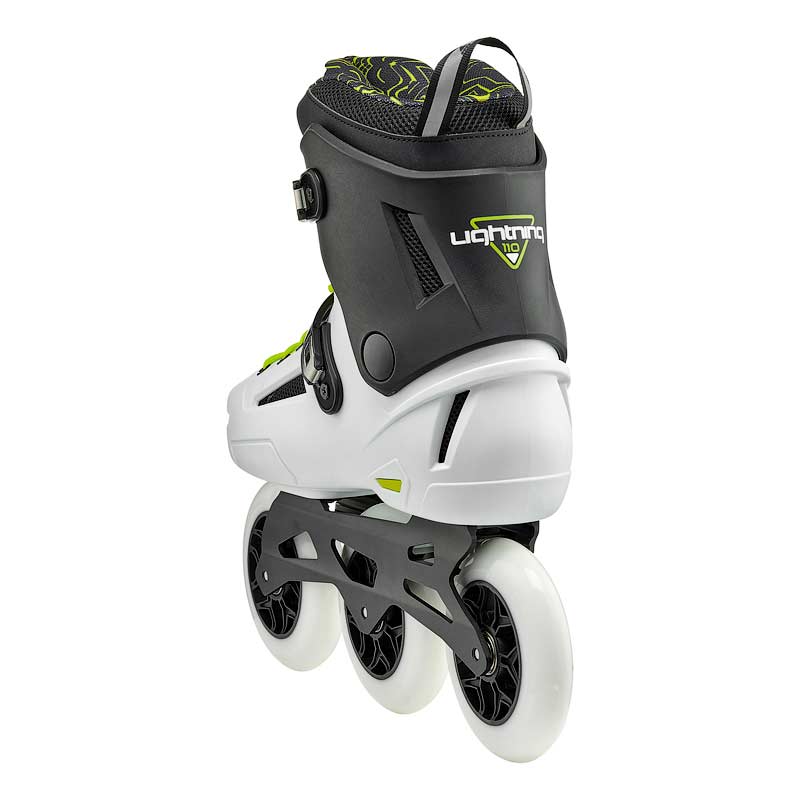 Rear view of a black and white inline Rollerblade skate with yellow accents and three large white wheels on a white background