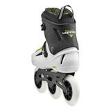 Rear view of a black and white inline Rollerblade skate with yellow accents and three large white wheels on a white background