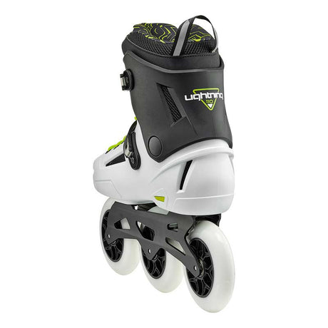 Rear view of a black and white inline Rollerblade skate with yellow accents and three large white wheels on a white background