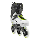 Front view of a black and white inline Rollerblade skate with yellow accents and three large white wheels on a white background