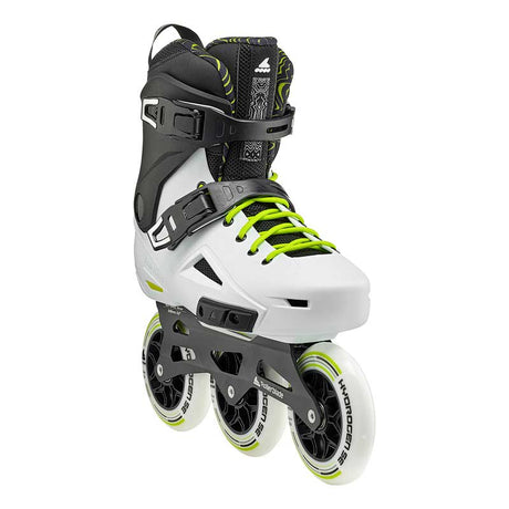 Front view of a black and white inline Rollerblade skate with yellow accents and three large white wheels on a white background