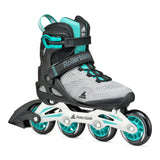 A Rollerblade inline skate in gray, black, and teal, shown from a three-quarters angle on a white background.