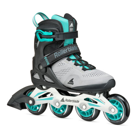 A Rollerblade inline skate in gray, black, and teal, shown from a three-quarters angle on a white background.