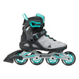 A single inline skate boot with four wheels, featuring a gray and black shell with teal accents, a gray rollerblade base, and black wheels with teal inner rims, shown against a plain white background.