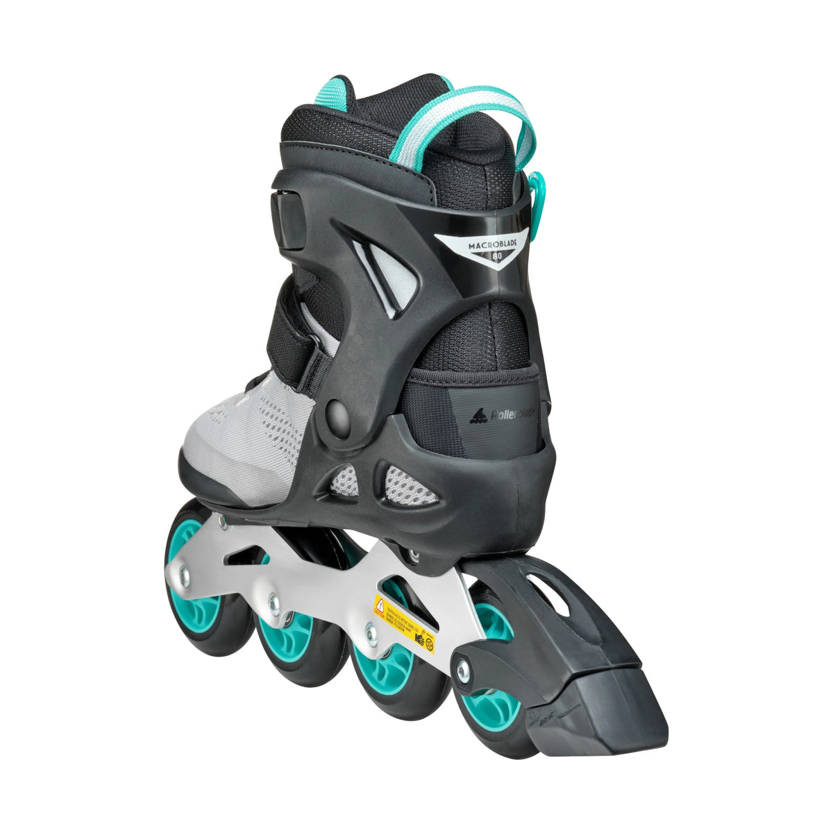 A single inline skate boot shown from a three-quarters angle on a white background. The boot is primarily black and gray with light gray mesh on the footbed and bright teal accents on the straps, wheels, and heel slider.