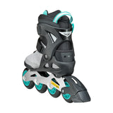 A single inline skate boot shown from a three-quarters angle on a white background. The boot is primarily black and gray with light gray mesh on the footbed and bright teal accents on the straps, wheels, and heel slider.
