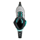 A single inline skate boot shown from a top-down view on a solid white background. The boot is primarily light gray with black straps and trim, accented by bright teal details on the laces, inner collar, and side buckle.