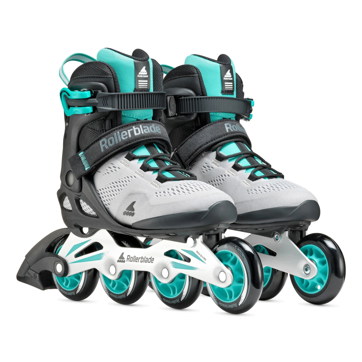 A pair of Rollerblade inline skates in light gray and black with bright teal accents, shown on a clean white background.