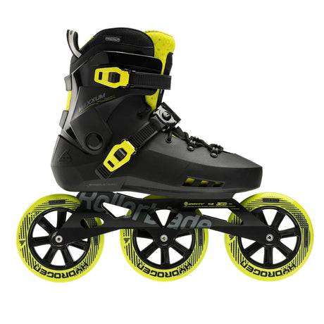 A black Rollerblade inline skate with yellow accents and large yellow wheels viewed from the side on a white background.