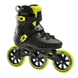 A black Rollerblade skate with yellow accents on the tongue, buckles and wheels. The skate is viewed from the side against a white background.