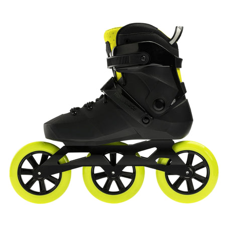 A black Rollerblade inline skate with yellow accents and large yellow wheels viewed from the side on a white background.