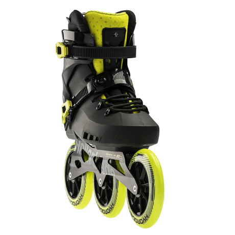 A single inline skate in black and neon yellow, shown from a three-quarters angle against a solid white background. The skate features a black plastic shell with neon yellow accents on the collar, straps, and trim, and is fitted with three wheels.