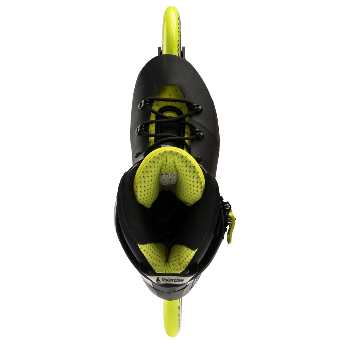 A top-down view of an Rollerblade skate  on a solid white background. The skate is primarily black with vibrant neon yellow accents on the inner lining, tongue, and wheels.
