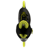 A top-down view of an Rollerblade skate  on a solid white background. The skate is primarily black with vibrant neon yellow accents on the inner lining, tongue, and wheels.