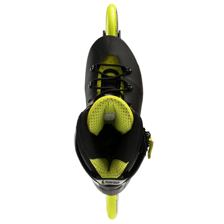 A top-down view of an Rollerblade skate  on a solid white background. The skate is primarily black with vibrant neon yellow accents on the inner lining, tongue, and wheels.