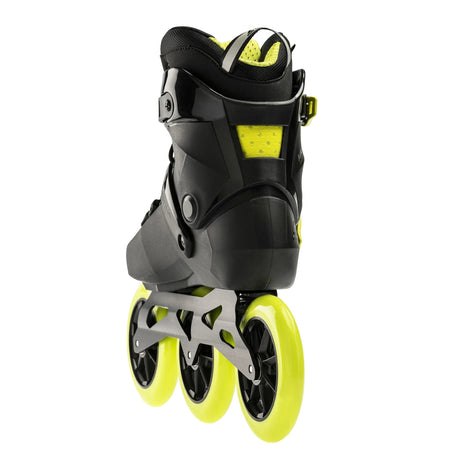 A single inline skate in black with bright neon yellow accents, shown from a three-quarters rear angle on a plain white background.
