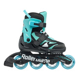 Black and teal rollerblade with visible branding on a white background