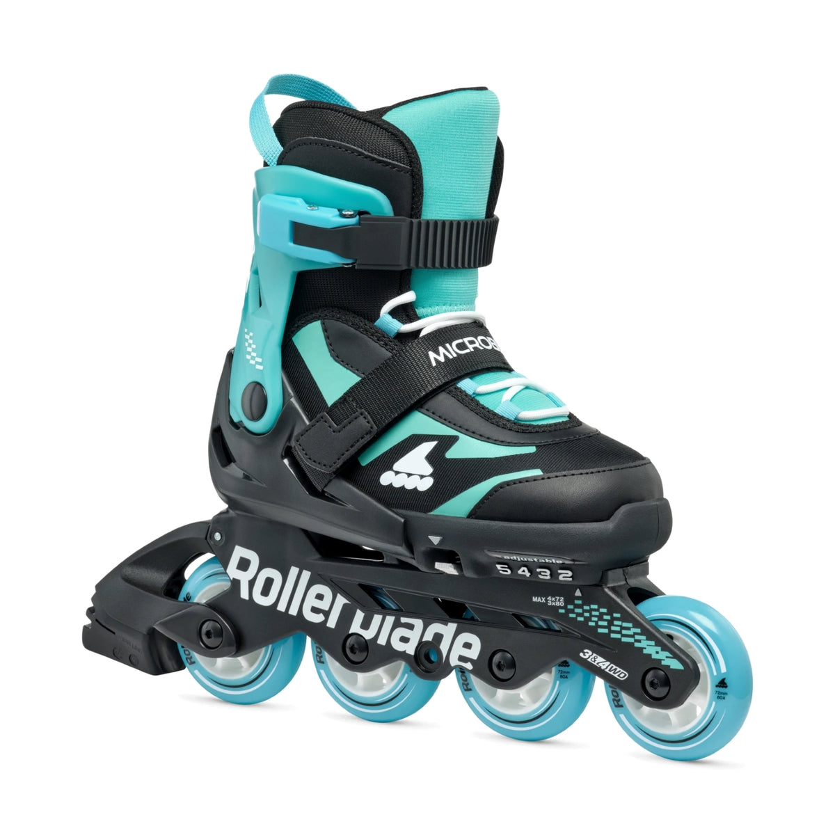 Turquoise and black inline skate with visible brand logo on a white background