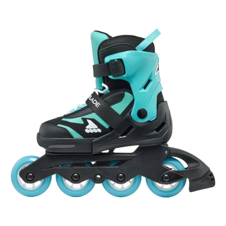 Black and teal inline skate on a white background