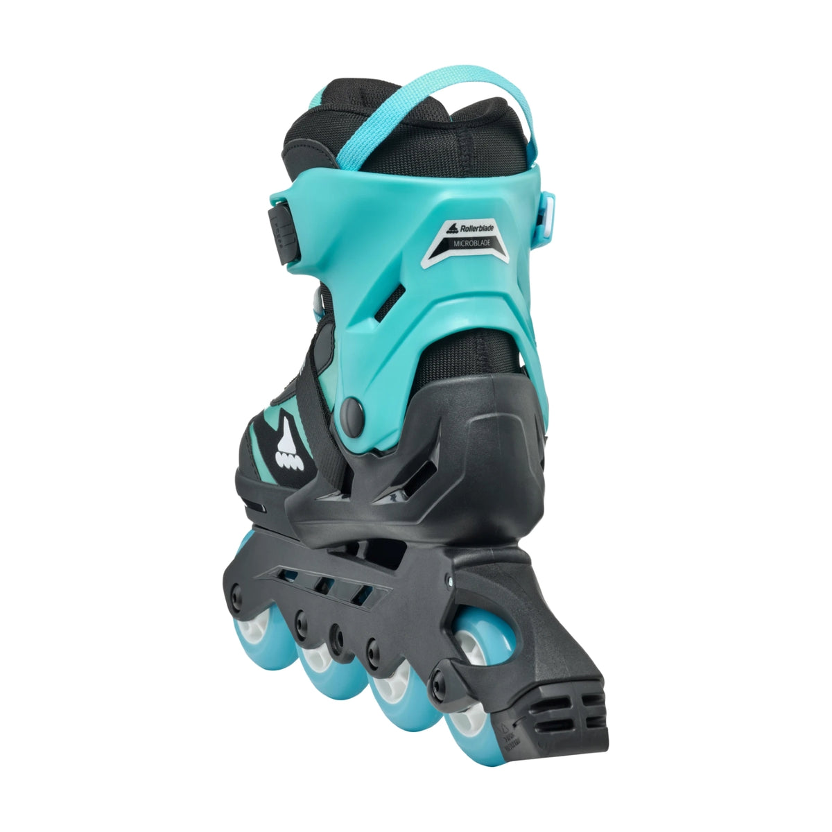 A single inline skate in turquoise and black, shown from a three-quarters angle against a plain white background.