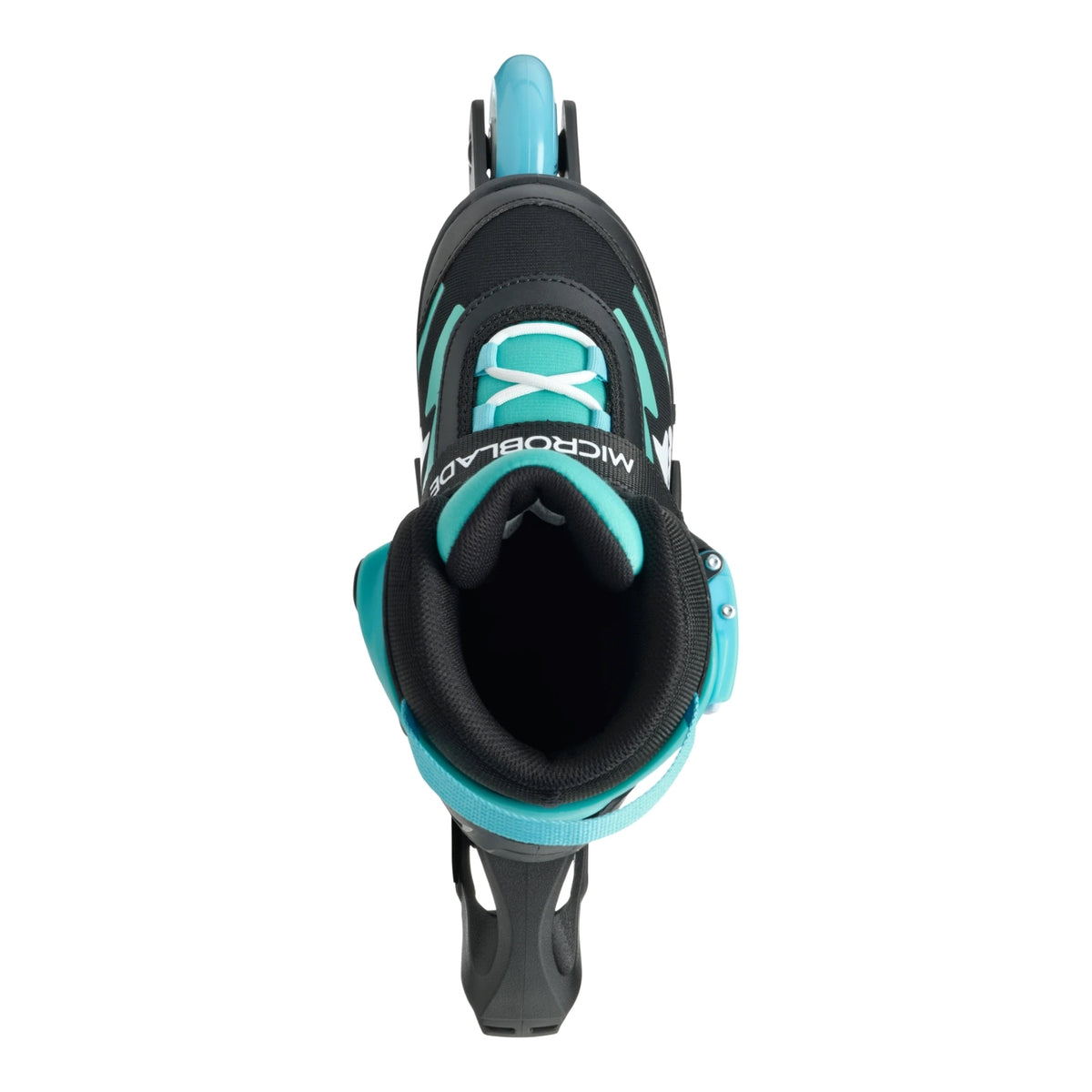 A single inline skate boot shown from a top-down view on a plain white background. The boot is primarily black with bright turquoise accents on the buckle, straps, and trim, and features the brand name 'MICROBLADE' printed in white on the side.