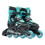 A pair of Rollerblade Microblade inline skates in black and teal, featuring adjustable straps, teal blue wheels, and a black metal frame on a white background.