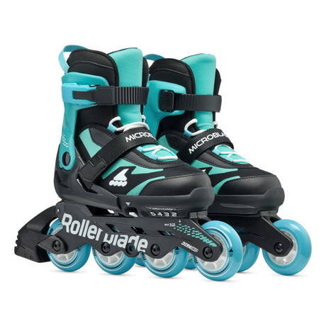 A pair of Rollerblade Microblade inline skates in black and teal, featuring adjustable straps, teal blue wheels, and a black metal frame on a white background.