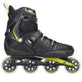 Black inline skate with green accents on a white background