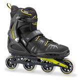 Black and yellow inline skate on a white background