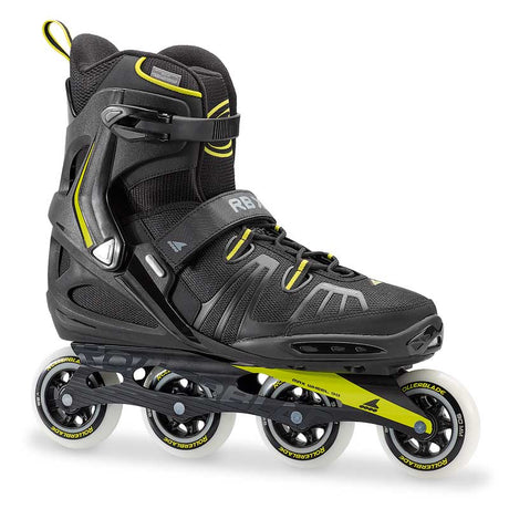 Black and yellow inline skate on a white background