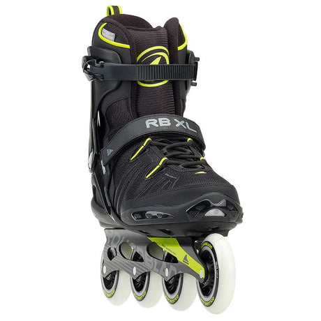 Black inline skate with white wheels on a white background