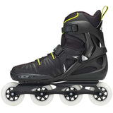 Black inline skate with green accents and white wheels on a white background
