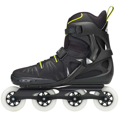 Black inline skate with green accents and white wheels on a white background
