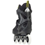 Black inline skate with white wheels viewed from the back on a white background