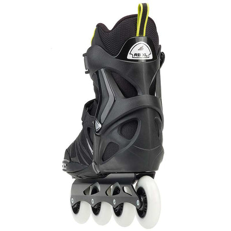 Black inline skate with white wheels viewed from the back on a white background