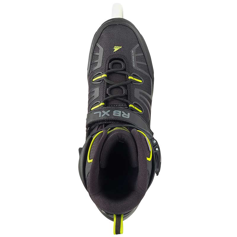 Black inline skate with yellow accents viewed from the top on a white background