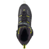 Black inline skate with yellow accents viewed from the top on a white background