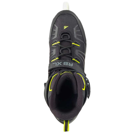Black inline skate with yellow accents viewed from the top on a white background