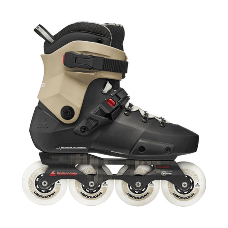 Black and beige inline skate with white wheels on a white background