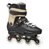 Black and beige inline skate with white wheels on a white background
