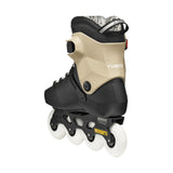 Beige and black inline skate with white wheels on a white background