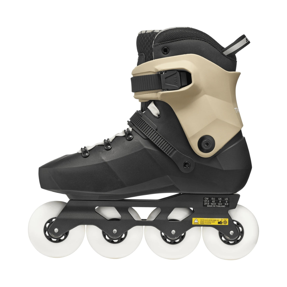 Black and beige inline skate on a white background