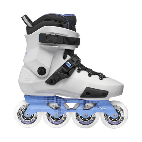 White inline skate with black accents on a white background