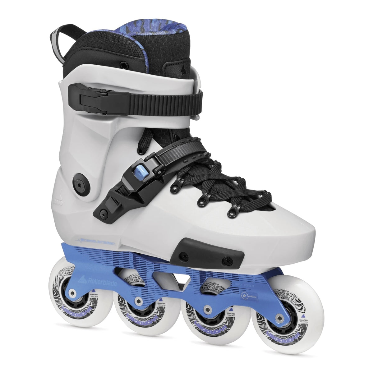 A light grey inline skate with a blue frame, black accents and white wheels on a white background