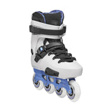 A light grey inline skate with black and blue accents viewed from the front and slightly off featured on a white background 