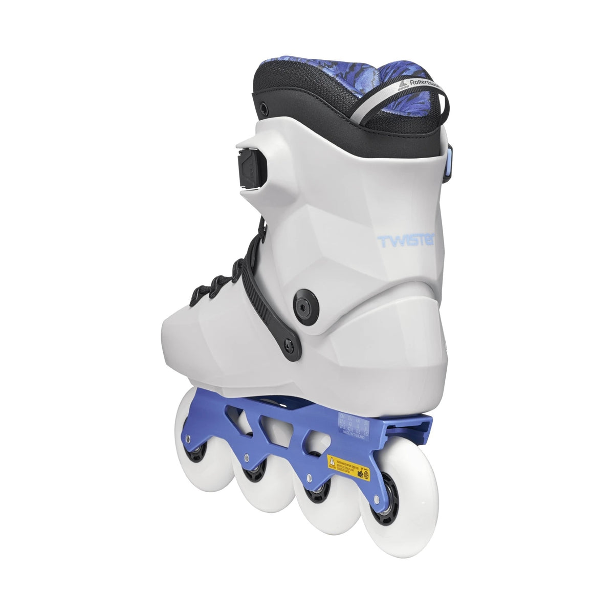 A light grey inline skate with black and blue accents and white wheels viewed from the back and slightly off center featured on a white background
