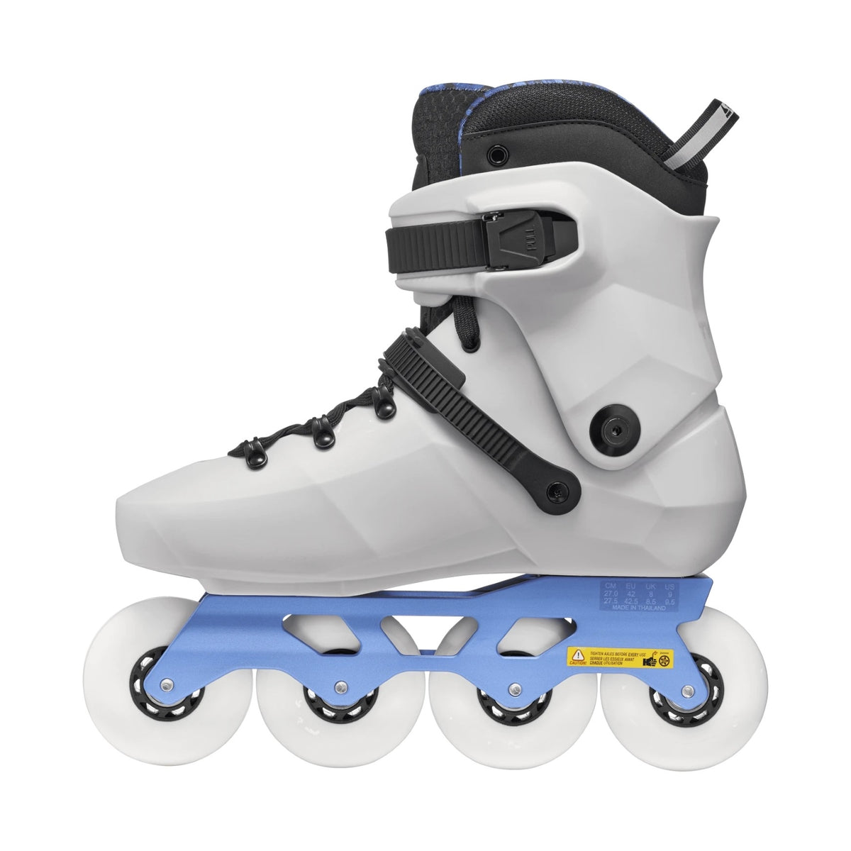 A light grey inline skate with black and blue accents and white wheels viewed from the side featured on a white background