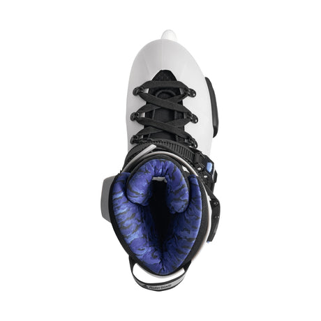 A light grey skate with black and blue accents viewed from the top and featured on a white background.