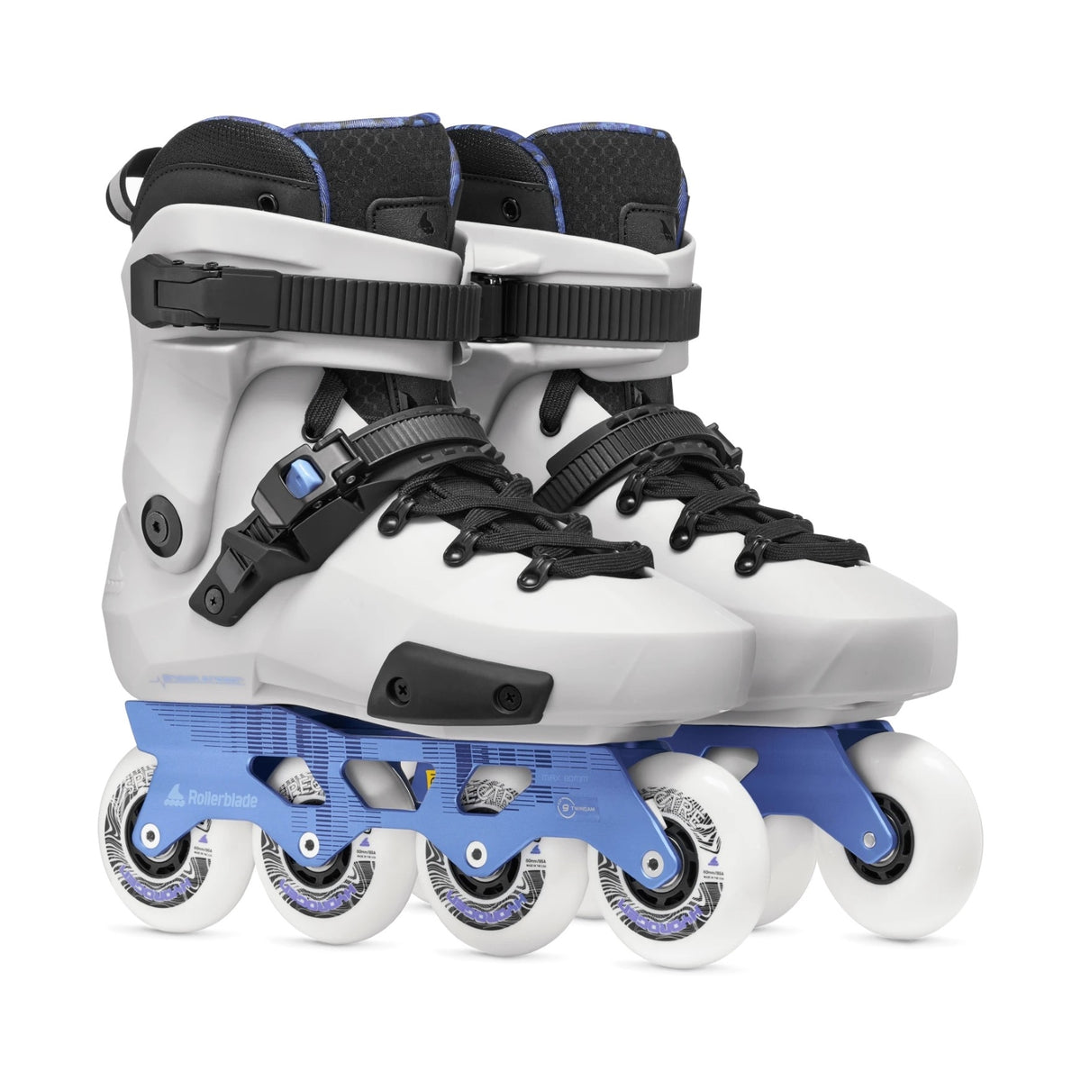 A pair of light grey inline skate with black and blue accents and white wheels featured on a white background