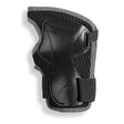 A black and gray protective wrist guard pad with a textured mesh backing and adjustable hook-and-loop straps, shown on a white background.